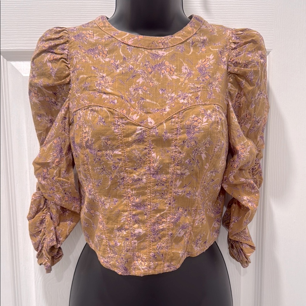 Free People Floral Sweetheart Detail Ruched Sleeved Backless Top